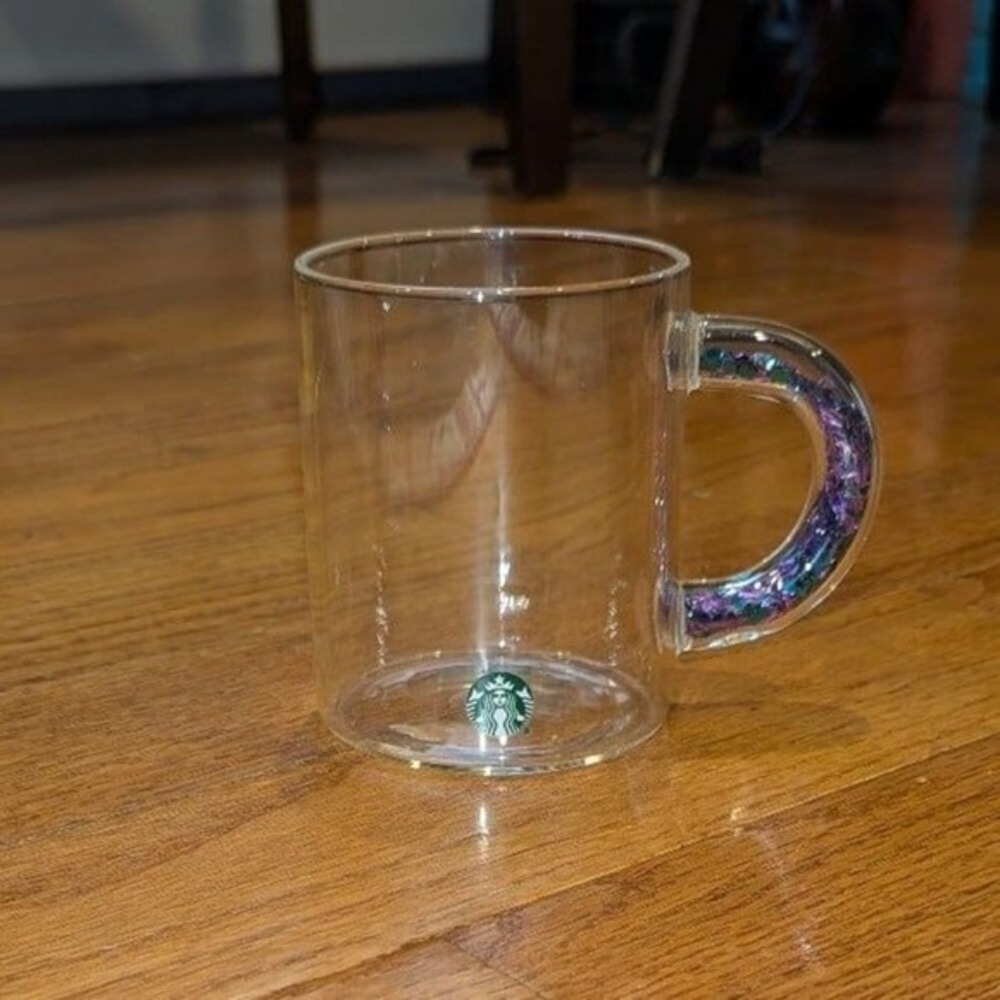 Mermaidcore Starbucks Purple Iridescent Glitter filled handle Glass Coffee Cup
